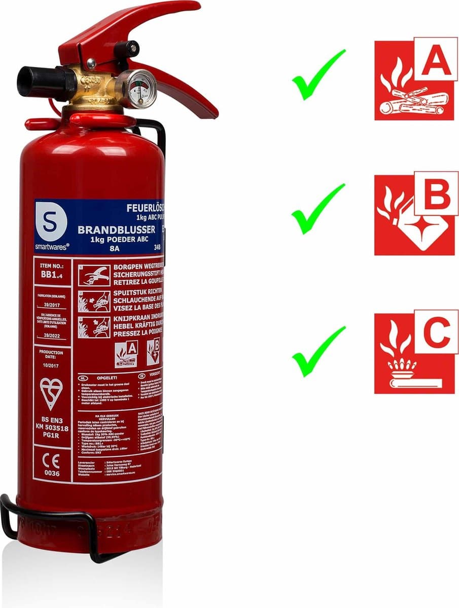 Smartwares 10.018.56 - Brandblusser Poeder 1kg - Incl ophangbeugel - Brandklasse ABC - BSI Gecertificeerd (EAN: 8711658469324)