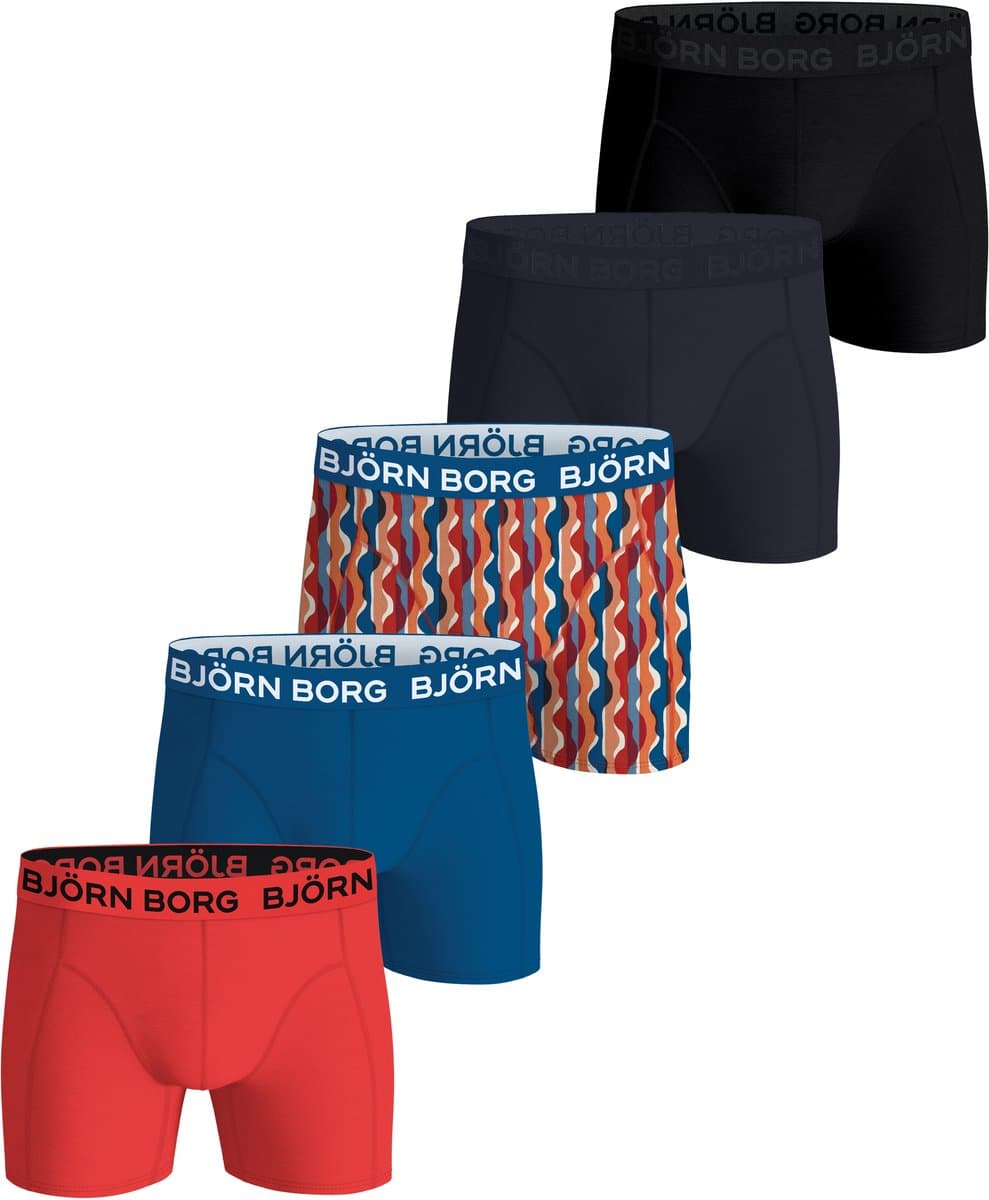 Björn Borg Cotton Stretch boxers - heren boxers normale lengte (5-pack) - zwart - donkerblauw - kobalt - kobalt met wit - rood en oranje dessin en rood (EAN: 7321465919199)