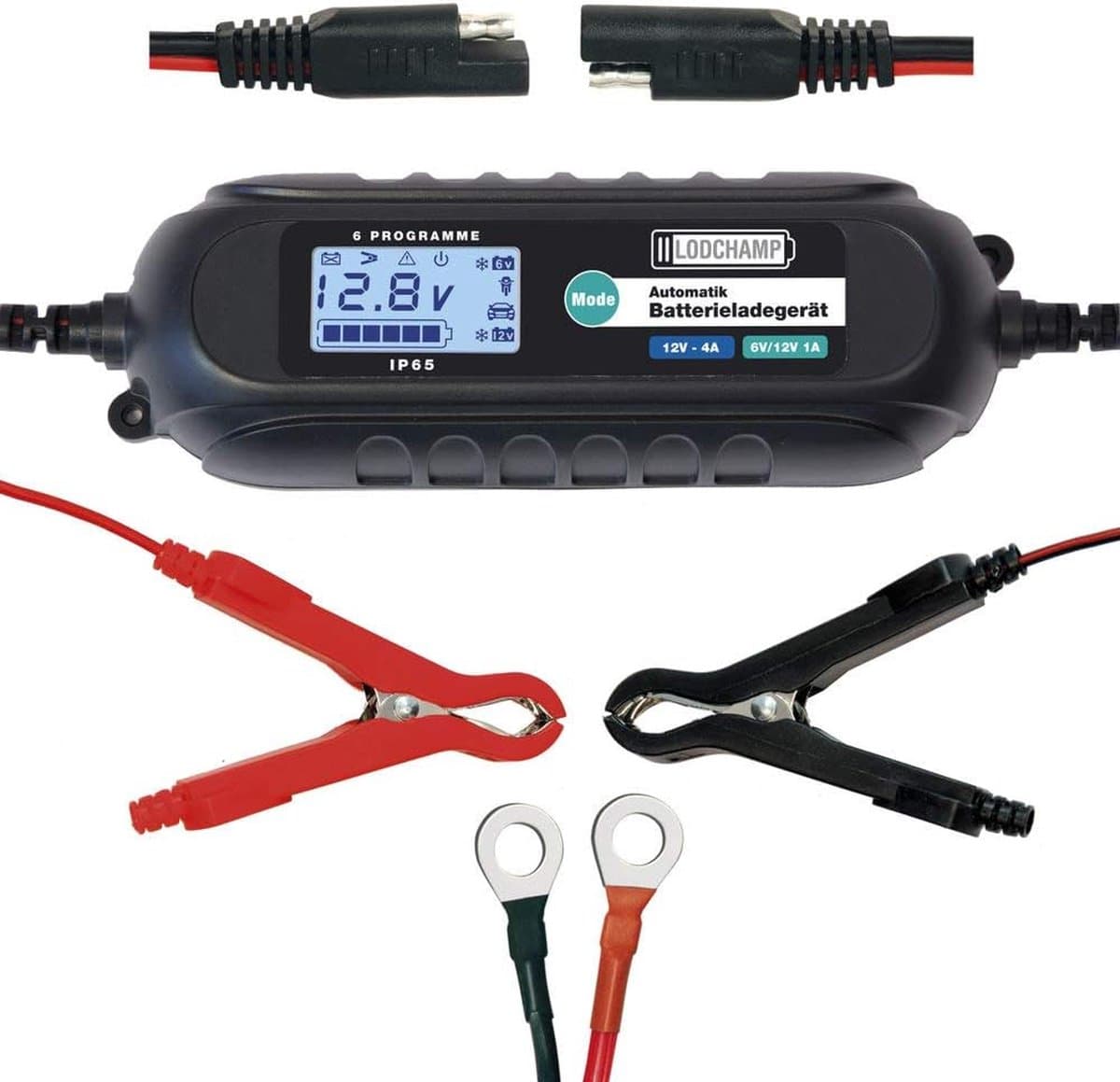 Druppellader / Acculader 6 / 12 Volt - 4 A - met aansluitklemmen en oogkabel (EAN: 4003342178129)