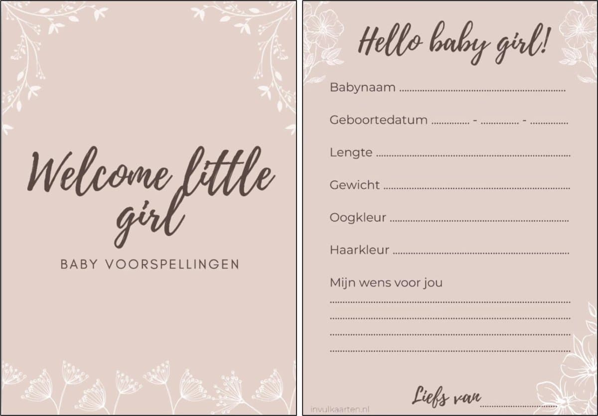 Babyshower invulkaarten 20 stuks | babyshower | babyshower voorspellingskaarten | babyshower kaarten | babyshower spelletjes | babyshower meisje | flower (EAN: 8720648142185): **Wat zijn dit voor kaartjes**