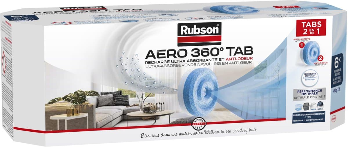Rubson AERO 360 Navullingen Neutral 6 Stuks | Vochtopnemer & Luchtontvochtiger Navulling | Vochtopnemer Navul Tabs | Kamer Ontvochtiger & Vochtopnemer Tabs | Badkamer & Luchtontvochter. (EAN: 3178040677739): De held van mijn keuken‑ en badkamer‑pu...