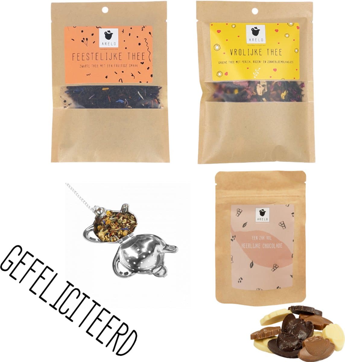 Thee & Chocolade Cadeaupakket – Gefeliciteerd! – Brievenbuscadeau (EAN: 8720929981588): **Wat zit erin**