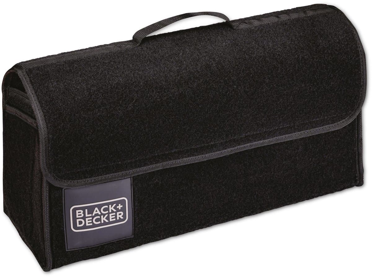 BLACK+DECKER Kofferbak Organizer - Kofferbak Tas - 55 x 15 x 23 CM - 1 Groot Vak en 2 Insteekvakken - Boodschappen en Auto Accessoires - Met Klittenband - Zwart (EAN: 8711252235813)
