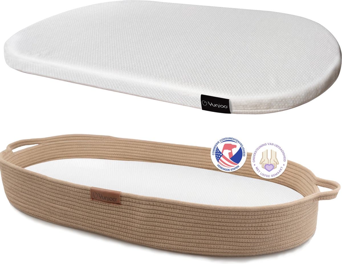 Yunioo Aankleedkussen XL - Verschoonkussen 80cm - Baby Verschoonmand Katoen - Mozesmand incl. 3 cm Dik Matras - Bruin (EAN: 8720938229121)