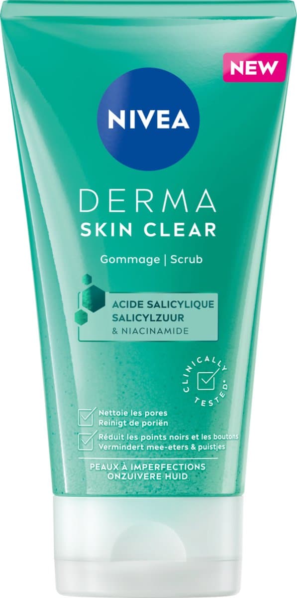 NIVEA DERMA Skin Clear Face Scrub Gezicht - Gezichtsscrub - Gezichtsreiniger - Voor de onzuivere huid - Met Salicylzuur (AHA) en Niacinamide - Anti Acne, Puistjes en Mee-eters - 150 ml: Geen schuurpapier, maar chemie (de goede soort!)