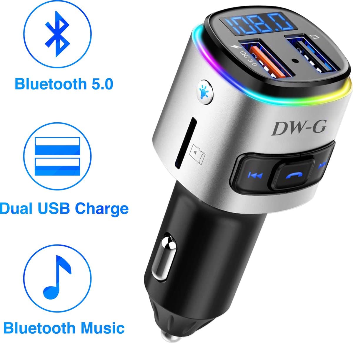 DW-G Bluetooth FM Transmitter - Auto Lader - Carkit - Handsfree - MP3 - USB - SD Kaart - Snel Lader - Audio Receiver (EAN: 8719326588759): Wat is dit ding eigenlijk