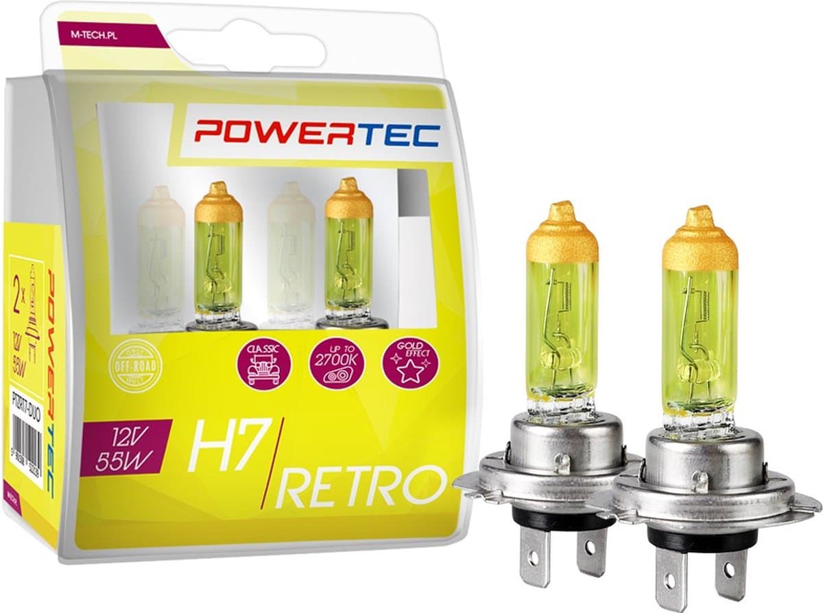Powertec Retro - H7 12V - Gele verlichting - Retro Autolampen - Set (2stuks) (EAN: 6095520269222)