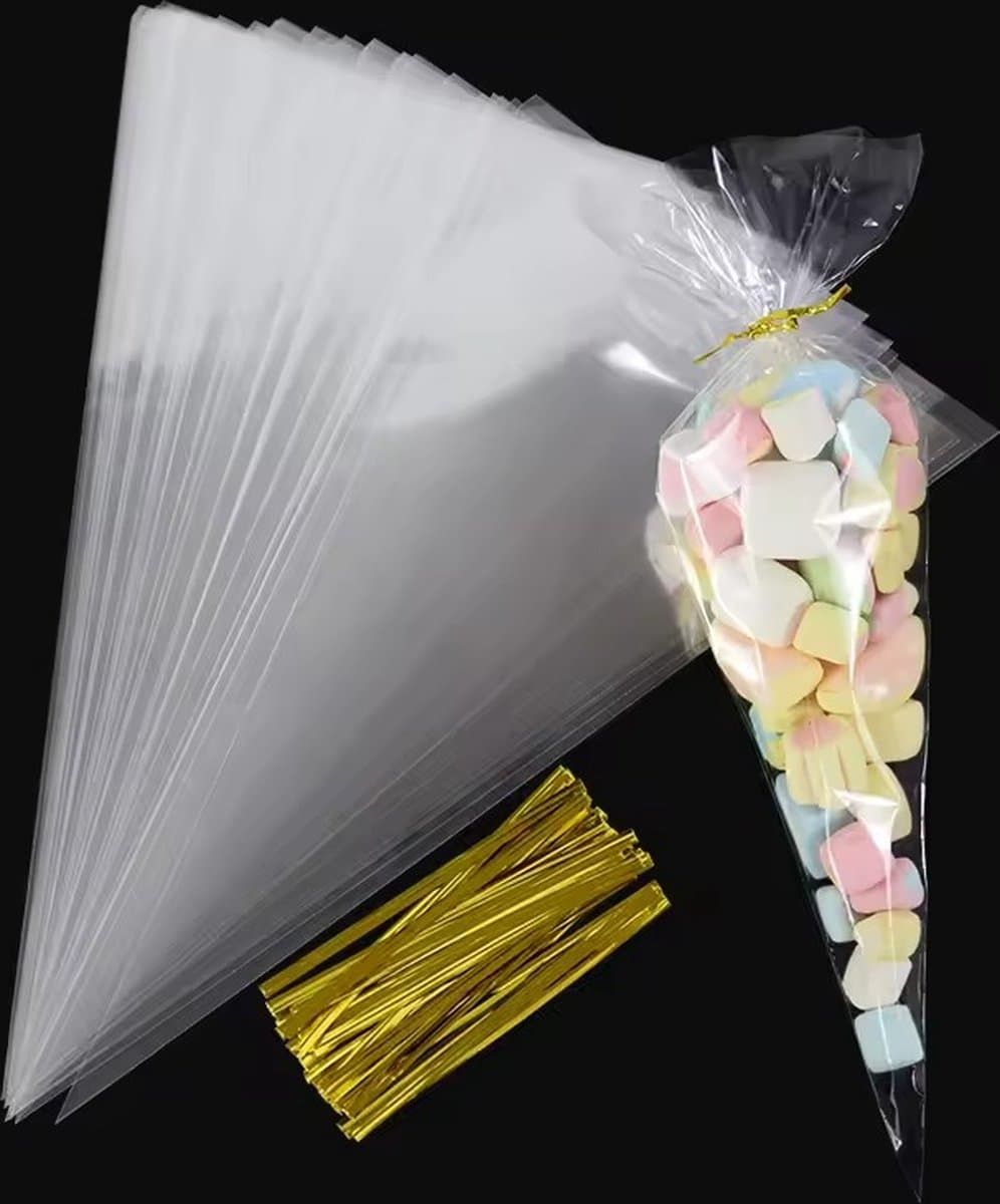 50x Uitdeelzakjes 16 x 30 cm - Cellofaan Plastic Traktatie Kado Zakjes - Snoepzakjes - Koekzakjes - Koekje - Cookie - Puntzak - Snoepzak (EAN: 7424932469460)