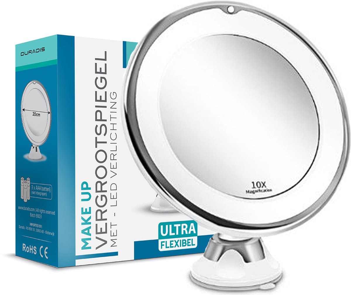 Duradis - Make up spiegel - Vergrootspiegel - Met zuignap voor gladde ondergronden - LED verlichting - 10x vergroting (EAN: 8720663688811): De eerste indruk Wauw, wat een beeld! ✨