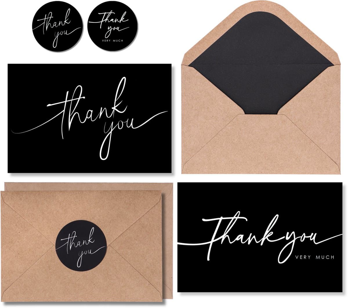 Partizzle 100x Bedankt Kaartjes Met Enveloppen Set - Thank You Cards - Ansichtkaarten - Kaarten Set met Stickers - 15x10 cm - Zwart (EAN: 8720618046048)