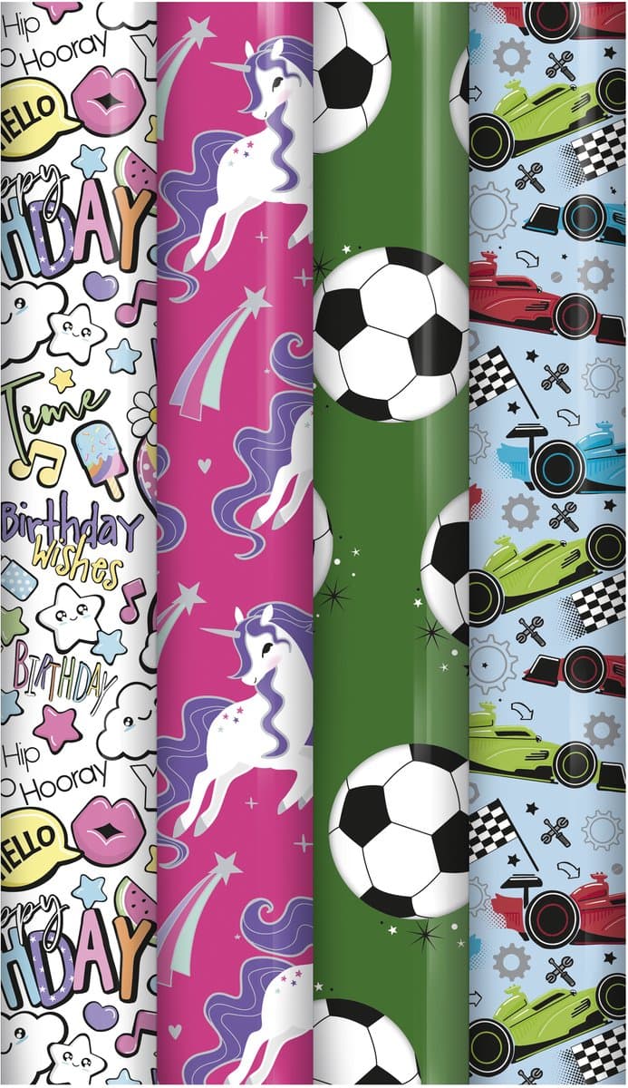 Jongen & Meisje cadeaupapier - Inpakpapier voor kinderen - 300 x 70 cm - 4 rollen (EAN: 8718998053299)