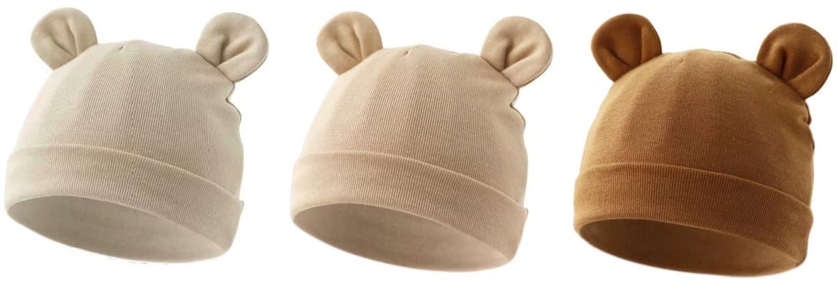 3 pack Babymutsjes Newborn Beervorm Effen Beige, Bruin, Taupe/ Warmgrijs (EAN: 7446056112145)
