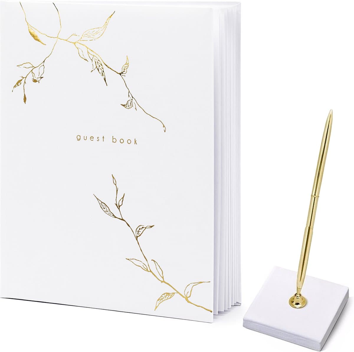 Gastenboek/receptieboek met luxe pen in houder - Bruiloft - wit/goud - 20 x 24,5 cm (EAN: 8720768532705)