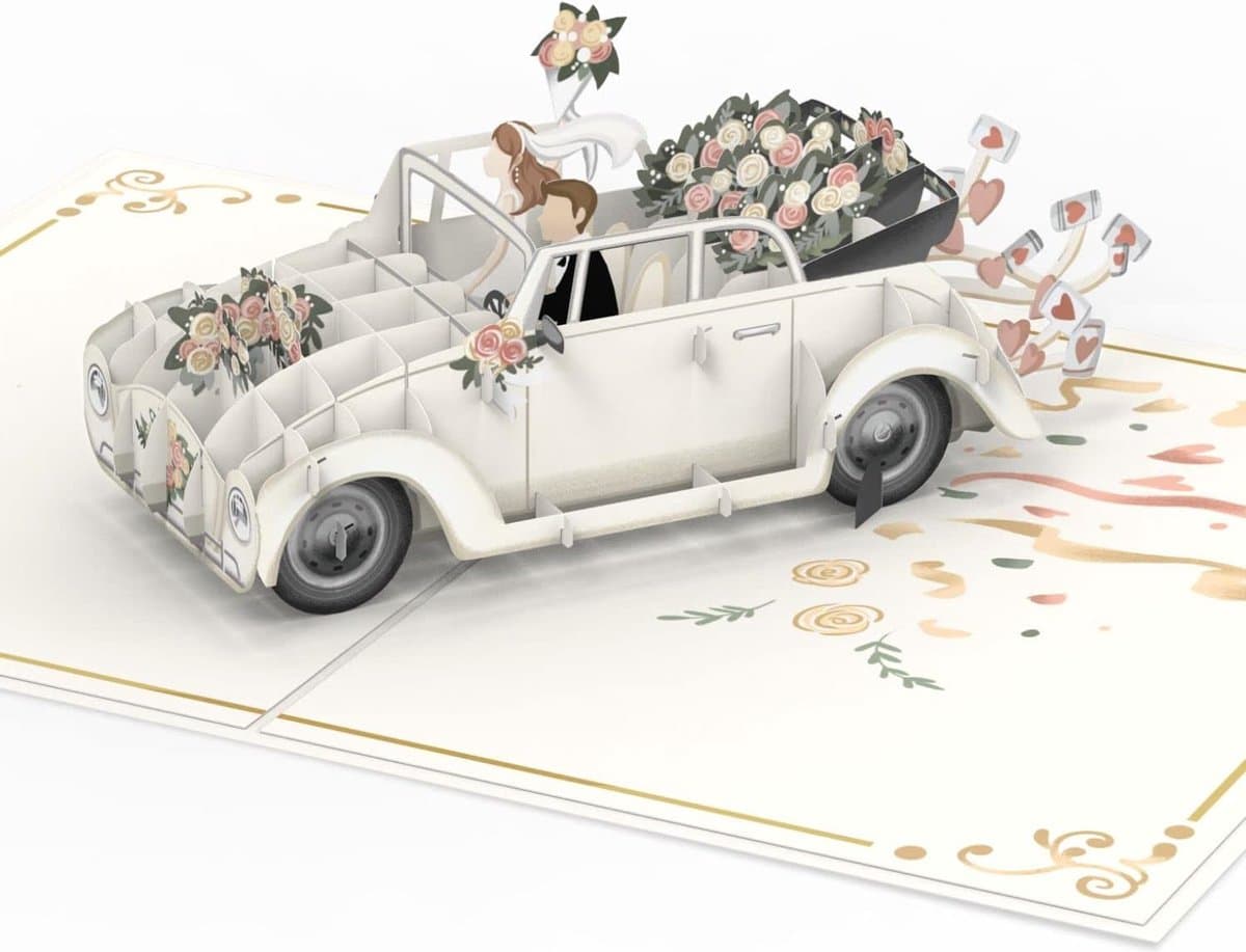 papercrush® Pop-up Huwelijkskaart Bruidsauto - 3D huwelijkskaart elegant "just married", wenskaart voor het huwelijk, cadeaubon voor huwelijksreis & geldcadeau, huwelijksreis cadeau (EAN: 8720254644530): Wat maakt deze papercrush kaart zo anders