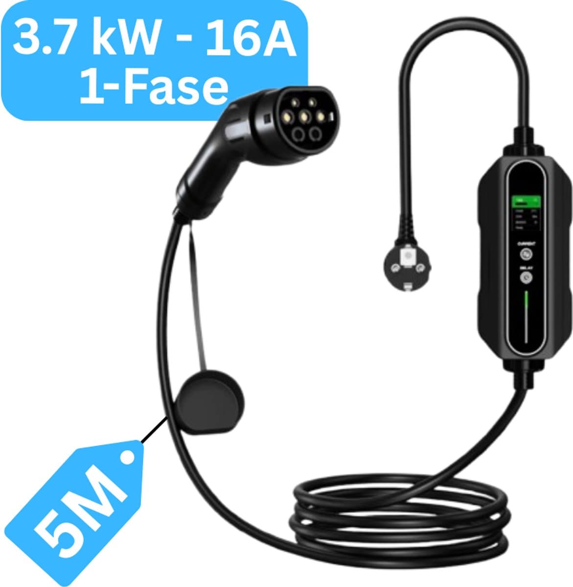 Mobiele Thuislader type 2 vanaf stopcontact - 5 meter - 3,7 kW - IP67 Waterdicht - 6A/8A/10A/13A/16A - 1 Fase - TPU kabel - Uitgesteld laden functie / Timer functie / Memory functie | 2 Jaar Garantie | Mobiele lader type 2 naar schuko (EAN: 872089...