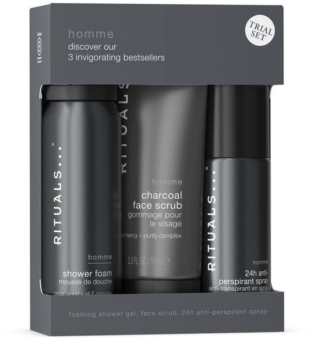 Rituals - Geschenkset voor Mannen - 3 Producten - Douchegel 50 ml + Anti-Perspirant Spray 50 ml + Gezichtsscrub 70 ml - Giftset Man - Cadeaudoos - Geschenkdoos - Face Scrub - Badschuim - Doucheschuim - Shower Gel - Foam - Deodorant - Man Heren Hom...