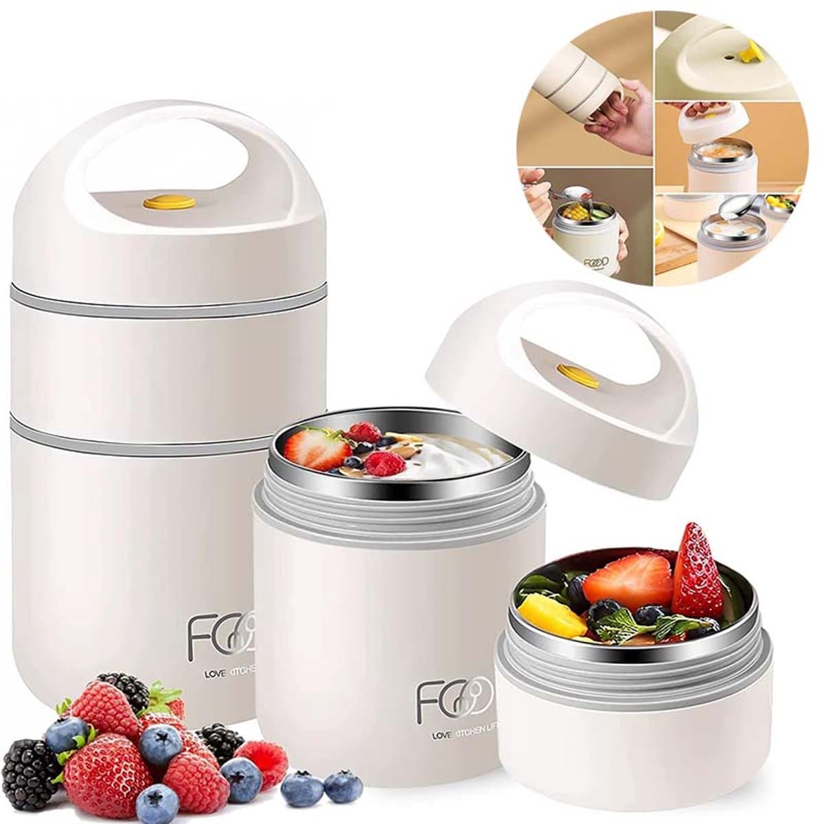1 stuk Dubbellaagse Isolatie Drinkfles 680 ml - Lekvrije Bento Lunchbox & Multifunctionele Yogurtbeker - Voor School, Werk, Picknick en Reizen (Beige Wit) (EAN: 8721578253392)