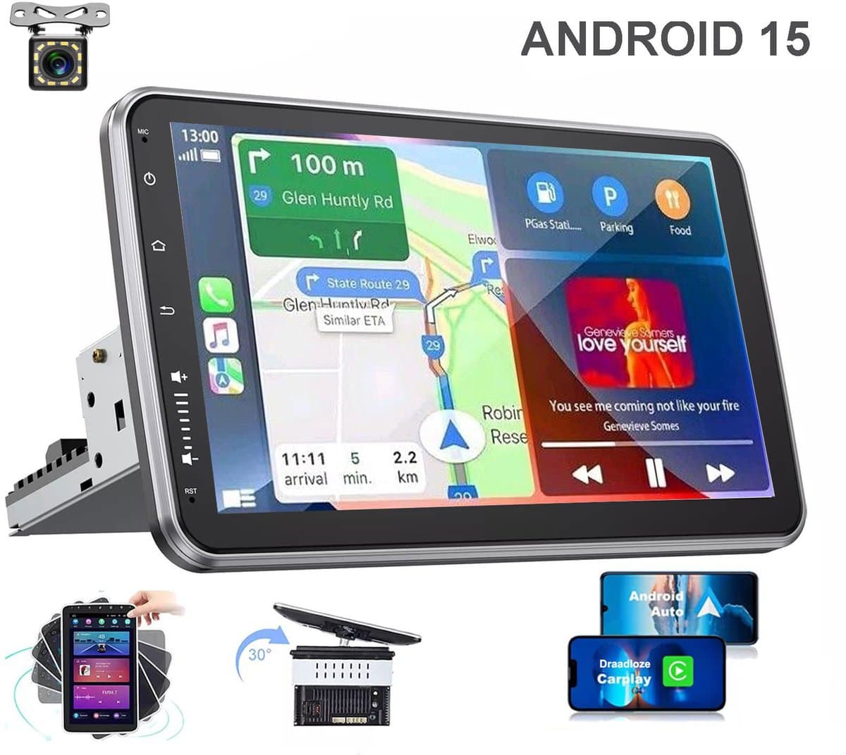 ESSGOO 1DIN Autoradio 360° draaibaar scherm - Android 15 - 4+64G - Draadloos Carplay & Andriod Auto - Bluetooth - GPS-navigatiesystem - 12LED Achteruitrijcamera - Microfoon - Wifi Bluetooth (EAN: 0717544924166)