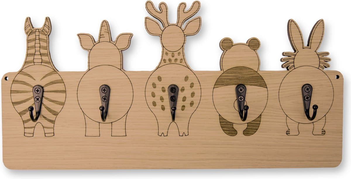 Jooba® Kinderkapstok - 5 Metalen haken - Kapstok met Dieren - Kapstok hangend - Hout - Wandkapstok - Met bevestigingsmateriaal (EAN: 8720387606061)
