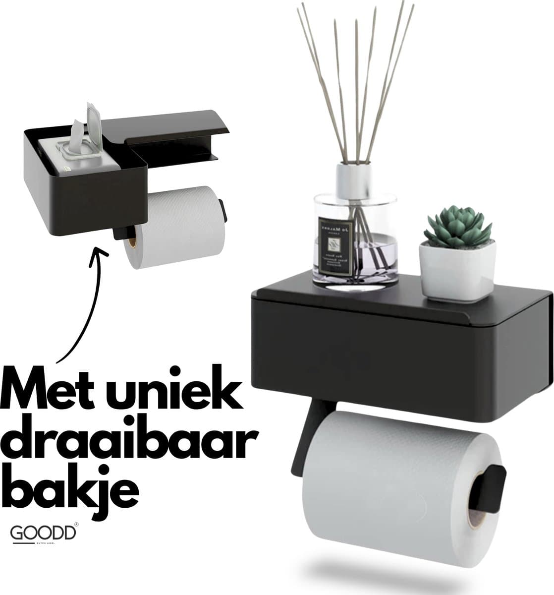 GOODD® - Wc rolhouder - Toiletrolhouder - Met bakje Zonder boren - Zwart - Met tissue houder en plankje - Boren of Plakken (EAN: 6096047093062): Waarom dit een gamechanger is voor je badkamer