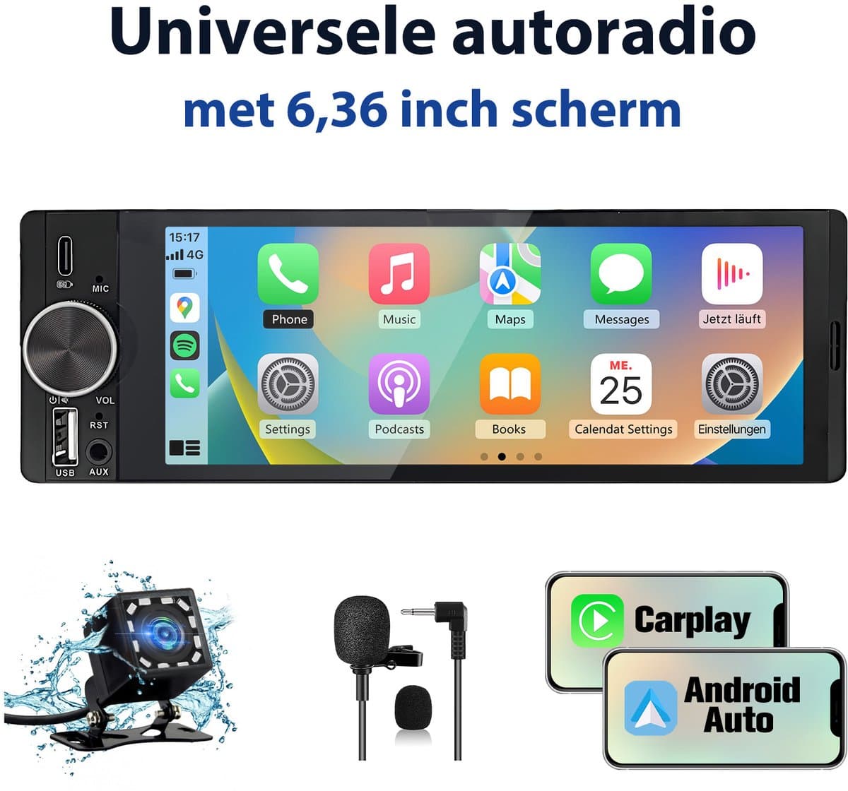 Hexinex 1DIN Autoradio - 6.28 inch scherm - met Draadloze Carplay & Android Auto - BT 5.2 - USB/USB-C + Achteruitrijcamera (EAN: 9344458067477): **Eerste Indrukken Scherm & Design**