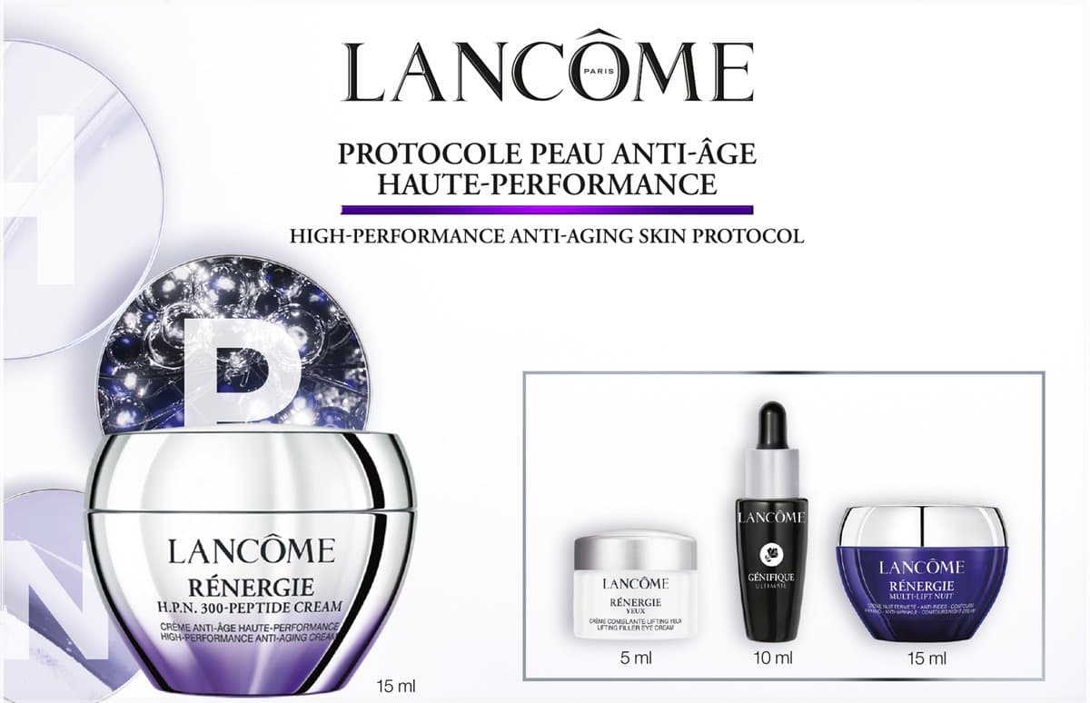 Lancôme Rénergie Anti Age Skincare Routine Geschenksetset: Rénergie H.P.N. 300-Peptide Dagcreme 50ml + Rénergie Multi-Lift Nachtcreme 15ml + Rénergie Oogcrème 5ml +Génifique Ultimate Serum 10ml - Anti Rimpel Cadeaupakket 4 Stuks (EAN: 361427442653...