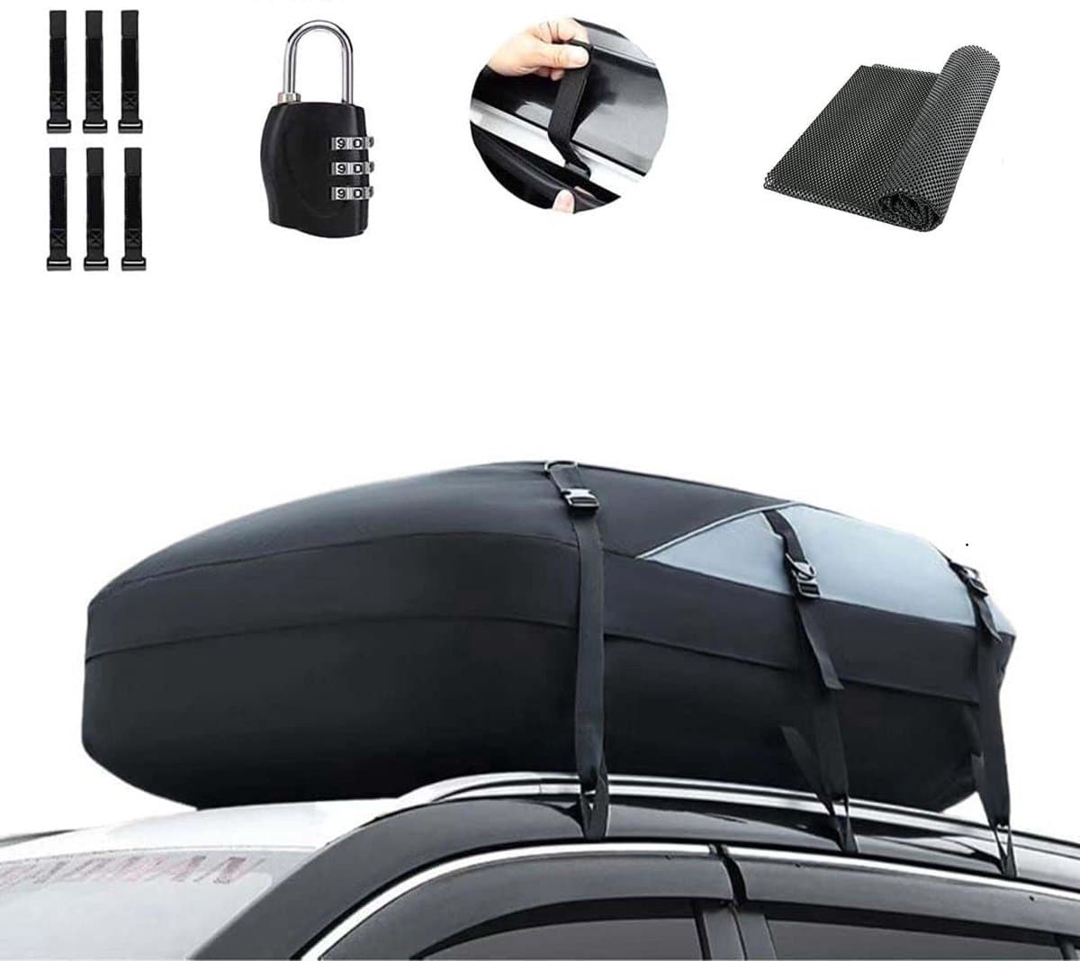 Dakkoffer set met cijferslot & tas & deurhaken- Inclusief antislipmat - 600liter (Maat M)-waterdichte-auto-daktas-flexibele-dakkoffer-zwart-oxford-1000D-pvc-binnenvoering-met-dakdrager-dakkoffer-opvouwbaar-130*100*45cm (EAN: 9331774395919)