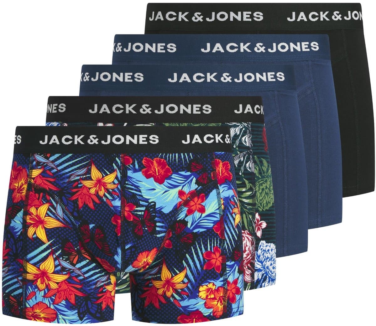 Jack & Jones Heren Boxershorts Effen Trunks JACOZZIE 5-Pack Donkerblauw/Zwart Gebloemd/Effen - Maat XL (EAN: 5715913573354)