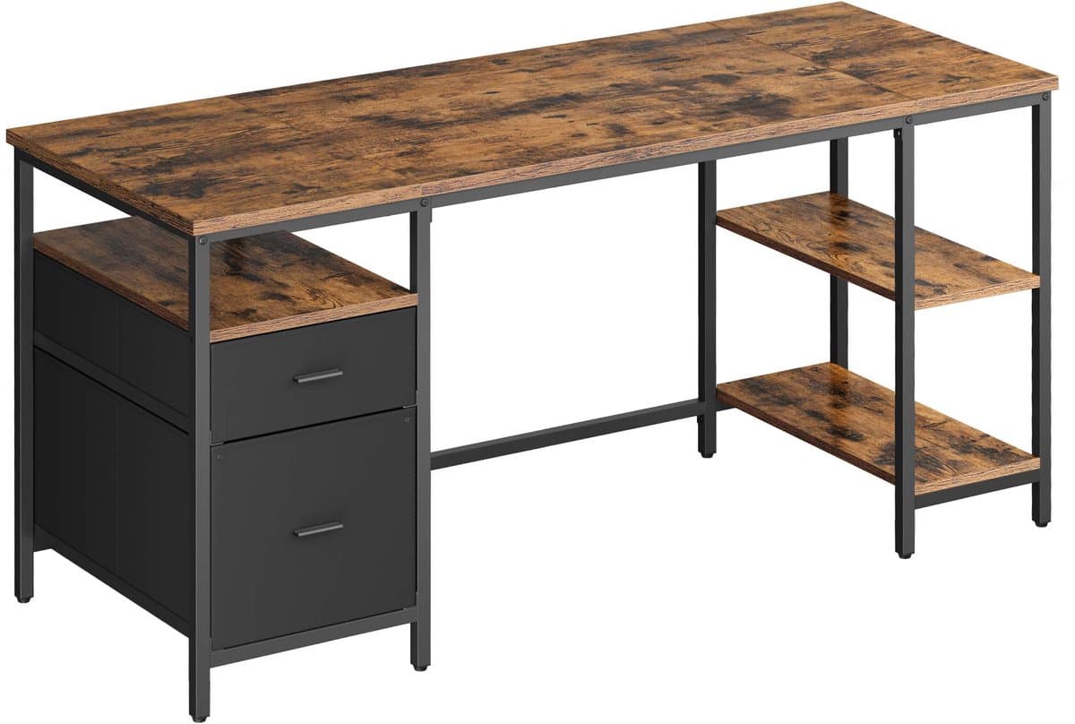 Computerbureau Bureau Schrijftafel Minimalistisch industrieel design Met verstelbare poten 3 planken en 2 lades Stevig duurzaam metalen frame Eenvoudig te monteren Geschikt voor thuiskantoor en studeerkamer 60x160x76cm Vintagebruin+Zwart (EAN: 425...