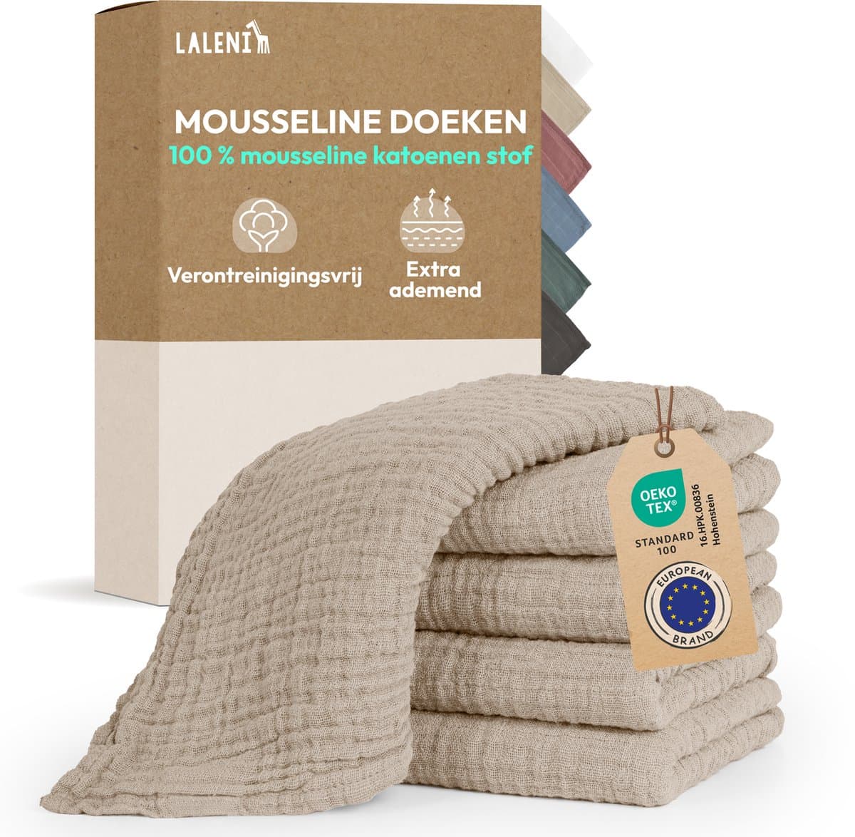 Laleni Hydrofiele Doeken - 100% Katoen - Mousseline - 70x70cm - Beige - Set van 5 (EAN: 4251897569057)