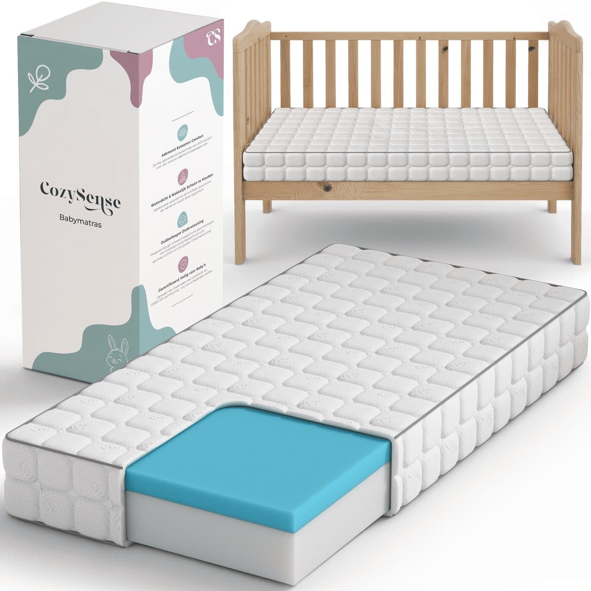 CozySense® Baby Matras 60x120 - Ledikant - Voor Baby’s & Peuters - 100% Katoenen Hoes - Waterdicht & Hypoallergeen - Drukverlagend Gel Traagschuim (EAN: 8721325352095)