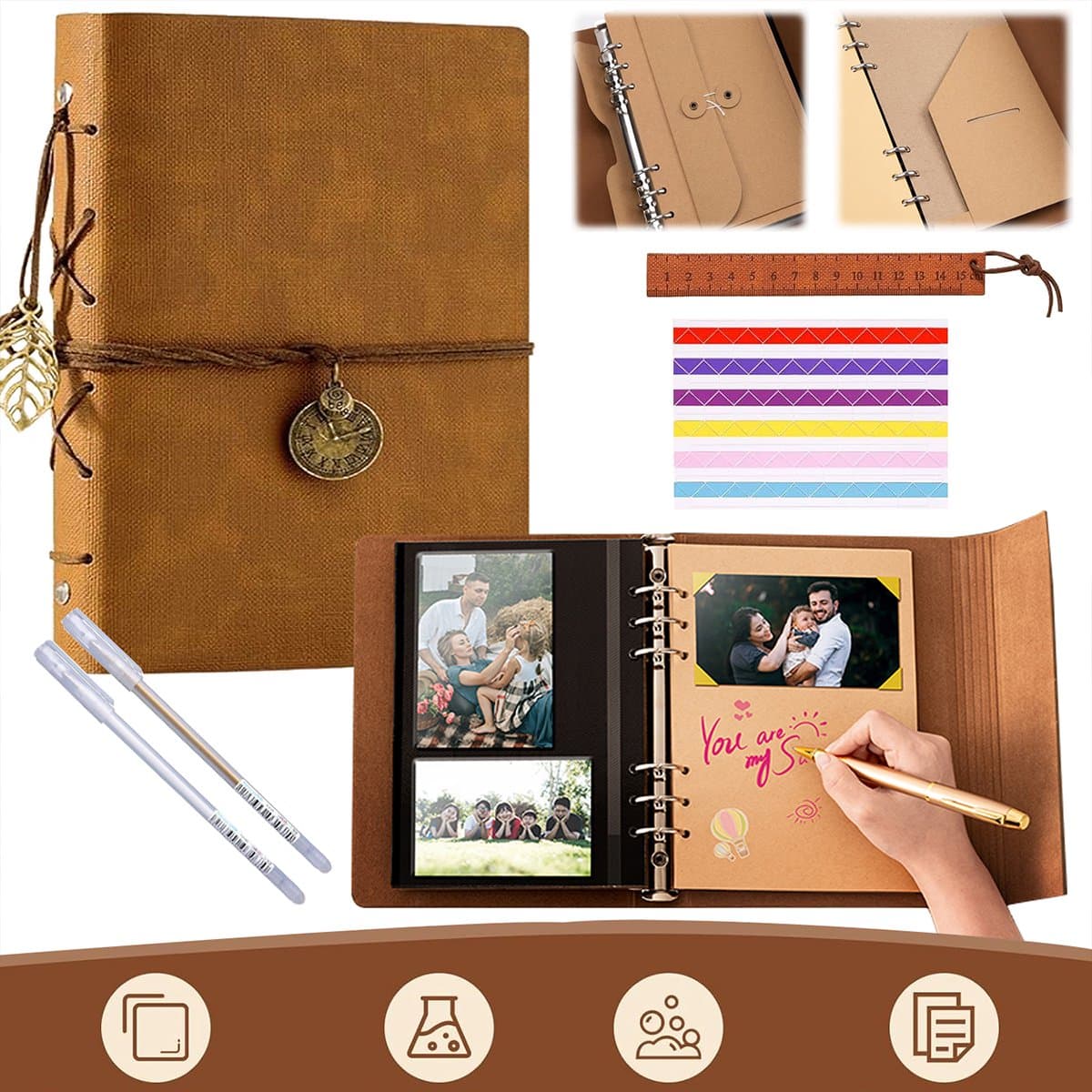 Vitdipy - Fotoalbum - Vintage - Fotoboek - 52 Vellen(104 Pagina's) - Kraftpapier - Incl. Accessoires - DIY - Gastenboek - Leder Look - Bruin (EAN: 9094503132116): Wat is er eigenlijk in dit fotosje
