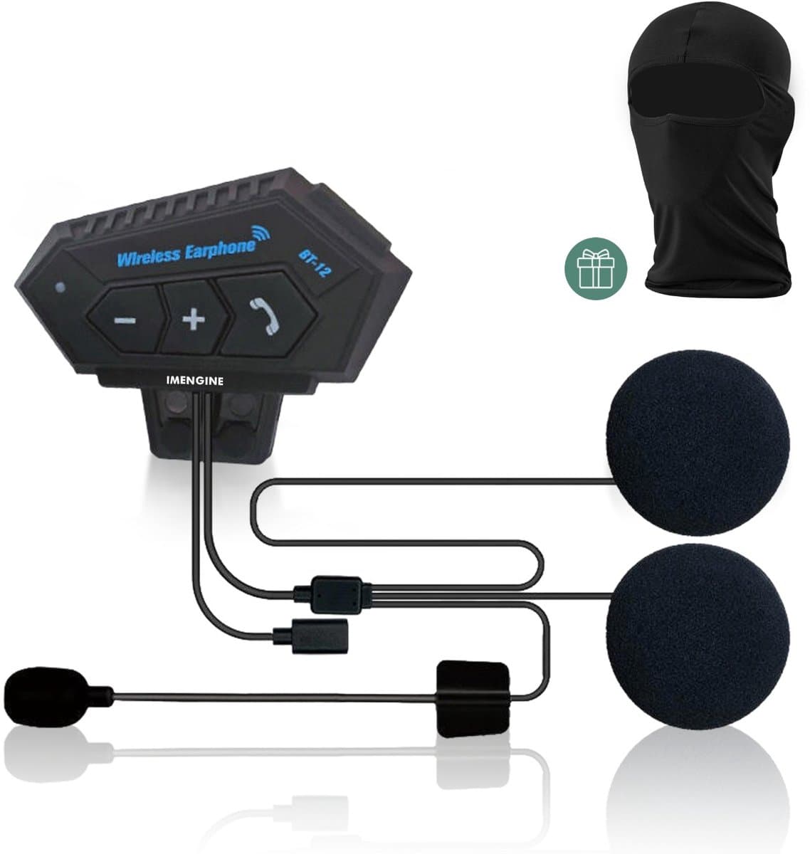 IMENGINE® Bluetooth Motorhelm Headset – Inclusief GRATIS Bivakmuts - IP67 Waterdicht – 12u Praattijd – Helder Geluid – Draadloos Communicatiesysteem – Geschikt voor alle Helmen – vaderdag cadeau - One Size – Zwart (EAN: 8721249121241)