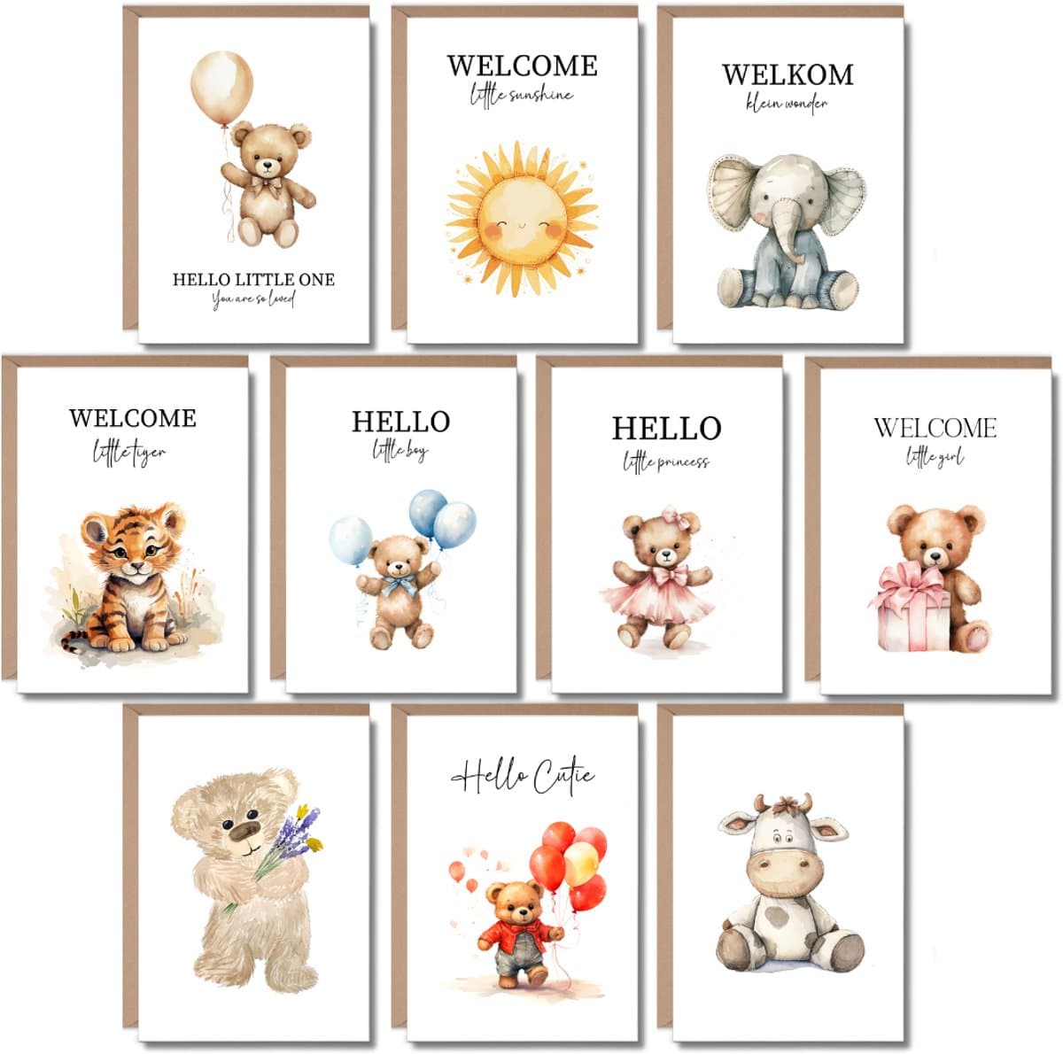 10 Luxe Wenskaarten Geboorte met Enveloppen - Geboortekaartjes - Felicitatie Zwangerschap - A6 - Blanco - Dieren (EAN: 8721161817246)