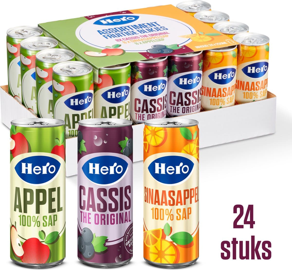 Hero Assortiment Fruitige Blikjes Frisdrank - Cassis, Appelsap & Sinaasappelsap - Handige Tray - 24 x 250ml (EAN: 8713500232377)