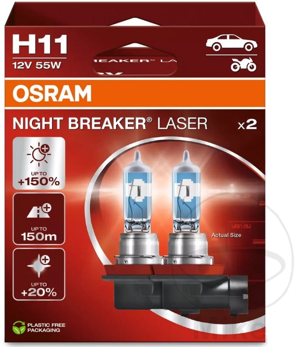 OSRAM Night Breaker Laser - H11 halogeen autolampen – tot 150% meer licht en 150m zicht - 64211NL-2HB - Duitse kwaliteit - set 2 lampen (EAN: 4062172387712)