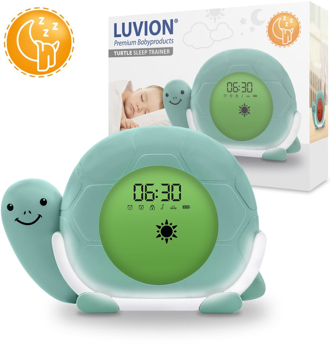 LUVION® Schildpad Slaaptrainer - Kinderwekker - Slaapwekker - Met nachtlamp, witte ruis en wekker timer - Slaaphulp voor kinderen vanaf de peuter leeftijd - Ook leuk als nachtlampje voor baby's (EAN: 8718546348525)