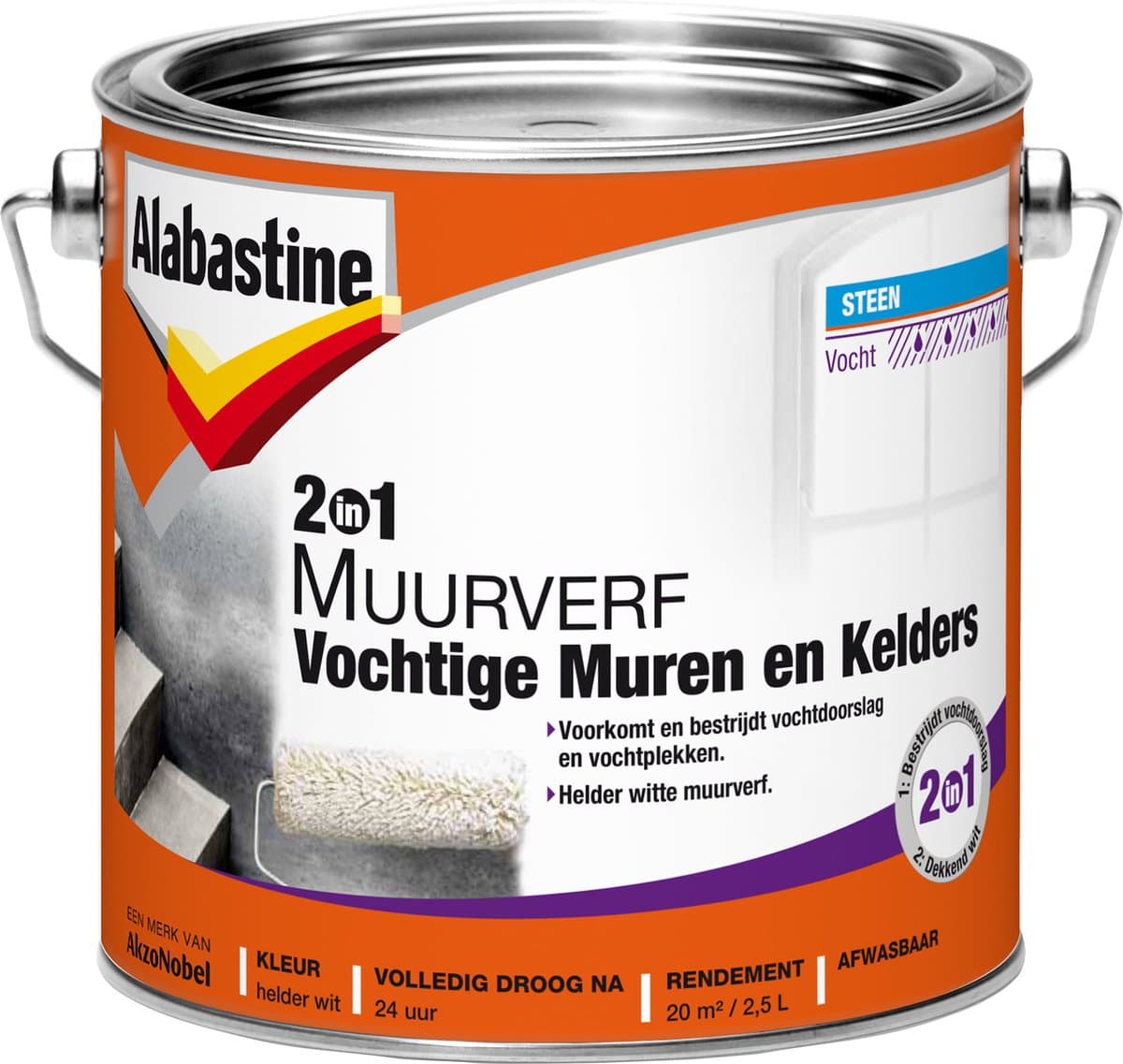 Alabastine 2 in 1 Vochtige Muren en Kelders Muurverf - Helder wit - 2,5 liter (EAN: 8710839144609): Eerste indruk Pak die vochtplekken aan!