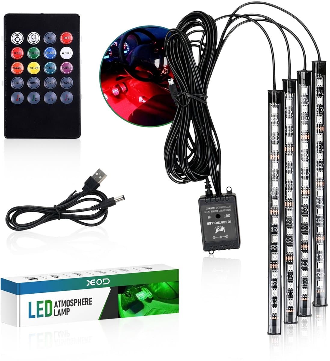 XEOD Sfeerverlichting LED strip's met USB aansluiting - 12V/5V - Interieur verlichting - Ambient light - Auto - Vrachtwagen - Bestelauto - Accessoires - 4 LED Strips - Afstandsbediening (EAN: 8720849864602)