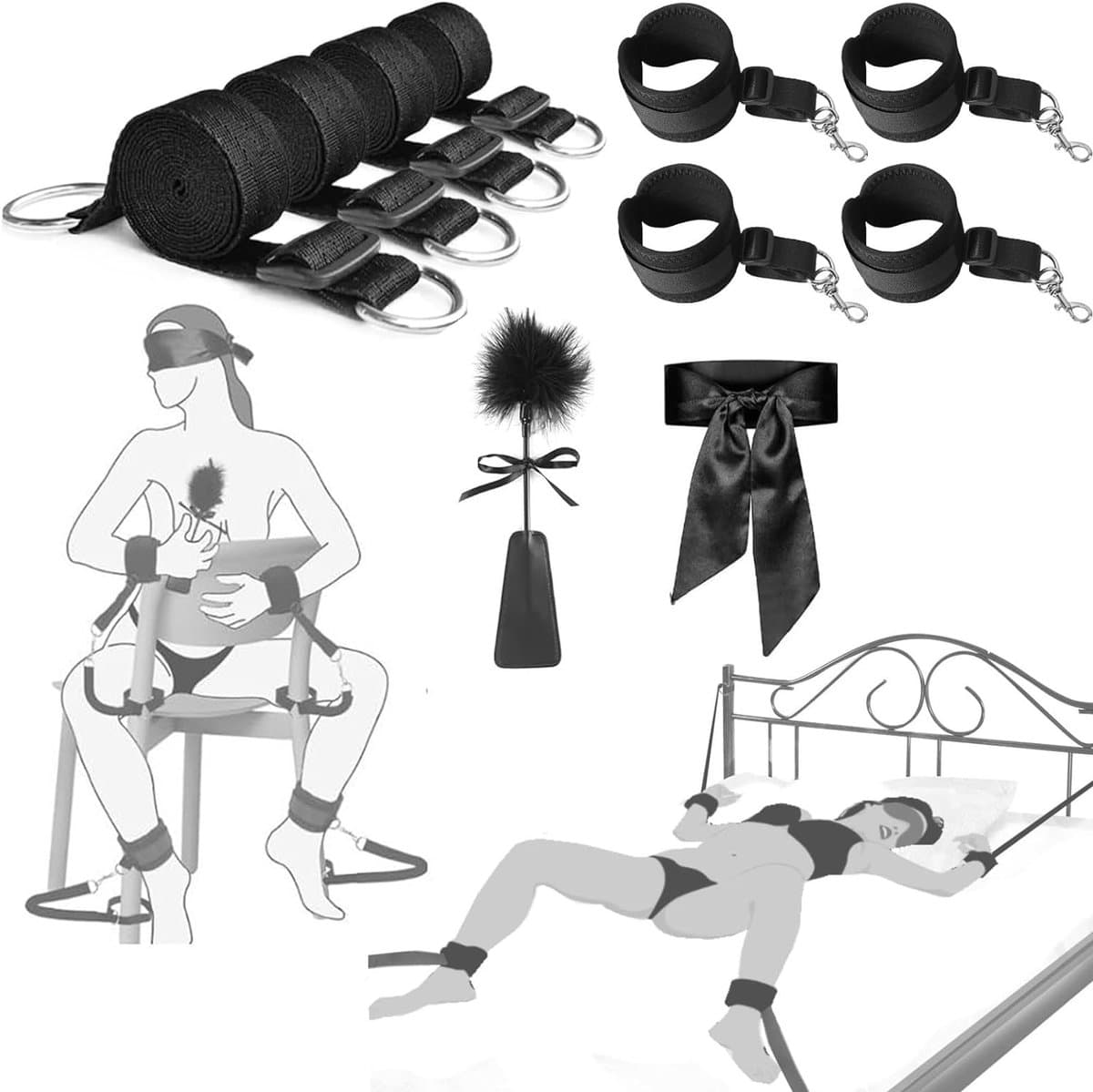 DOWO® - BDSM Bed Bondage Set - 10 Delig - SM Handboeien - Bedboeien - Enkelboeien - Springzweep - Blinddoek - Sex Toys voor Koppels - Seksspeeltjes voor mannen en vrouwen (EAN: 8721161115755)