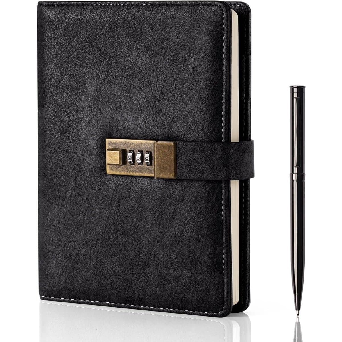TOVBMUP Afsluitbaar notitieboek - A5 PU-leren afsluitbare agenda - 200 pagina's - Dagboek geschikt voor volwassenen - Vintage slot - Inclusief pen en geschenkdoos - Unisex - 22 x 15,2 cm - Zwart (EAN: 8721401318960)