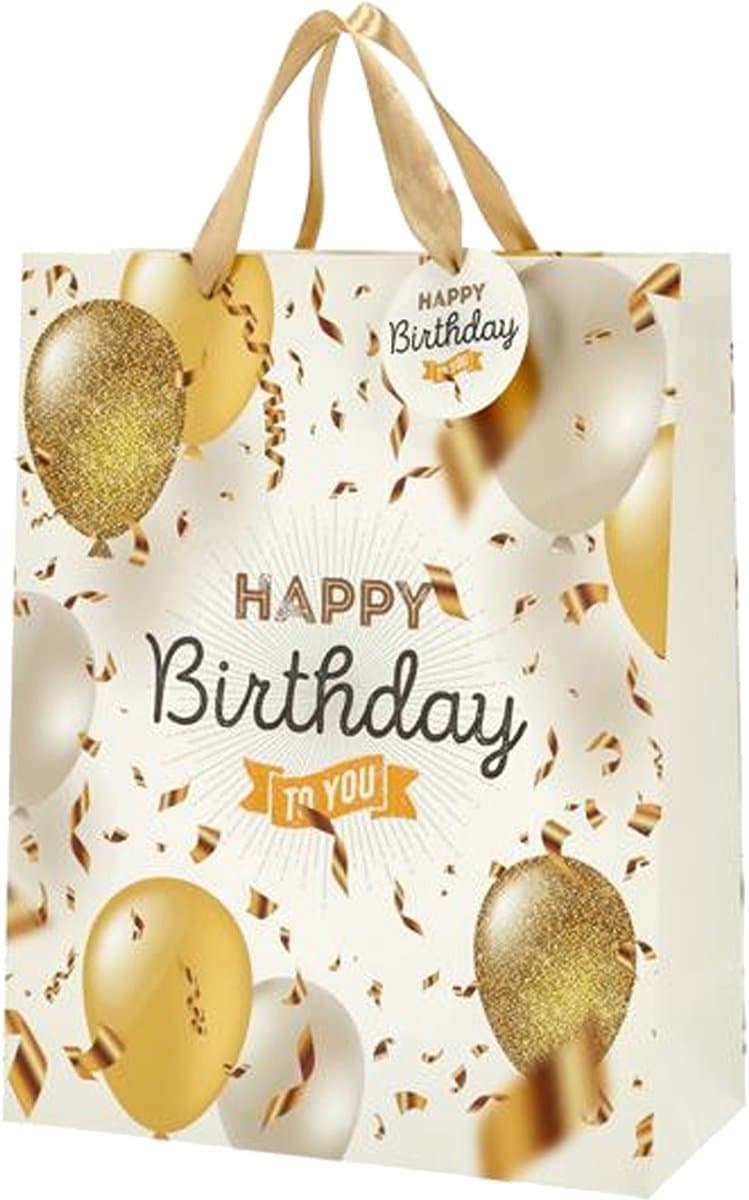 Cepewa verjaardag giftbags/cadeau tasjes - goud - papier - happy birthday - ballonnen - 25 x 32 x 12 cm (EAN: 8720813733927)