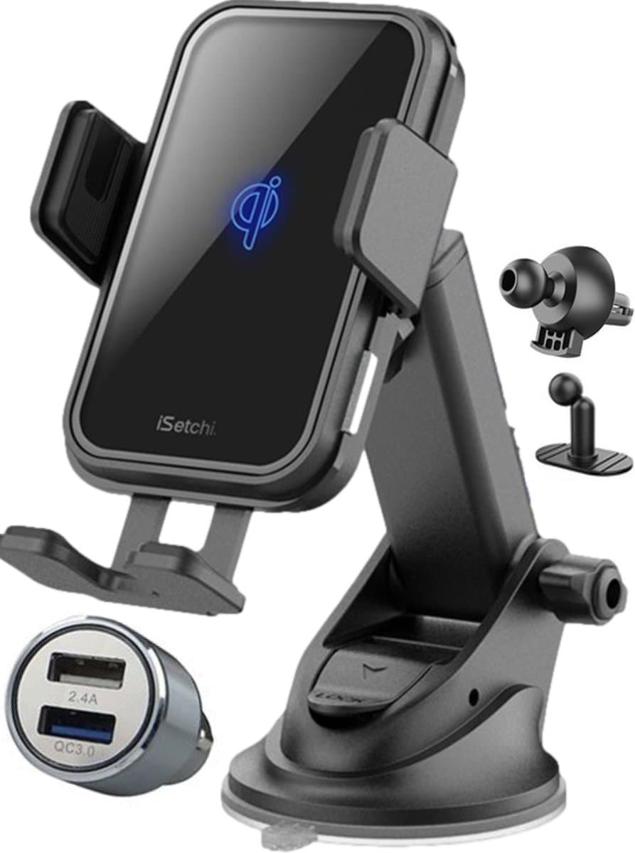iSetchi GripGo Telefoonhouder Auto met Qi Draadloze Oplader Auto (15 Watt snellader) - Infrarood Sensor detectie - Ventilatierooster, Raam, Dashboard - GSM Houder Auto Ventilatie - Autolader - Autohouder met Zuignap (EAN: 8719326731797)