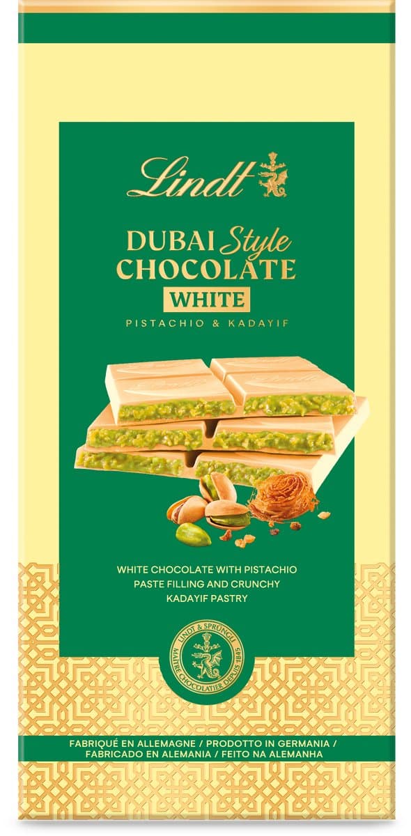 Lindt DUBAI STYLE Witte Chocoladereep Pistache 145 gram - Witte chocolade, Kadayif, Pistache noten - Premium Dubai Style chocolade (EAN: 4000539142567)