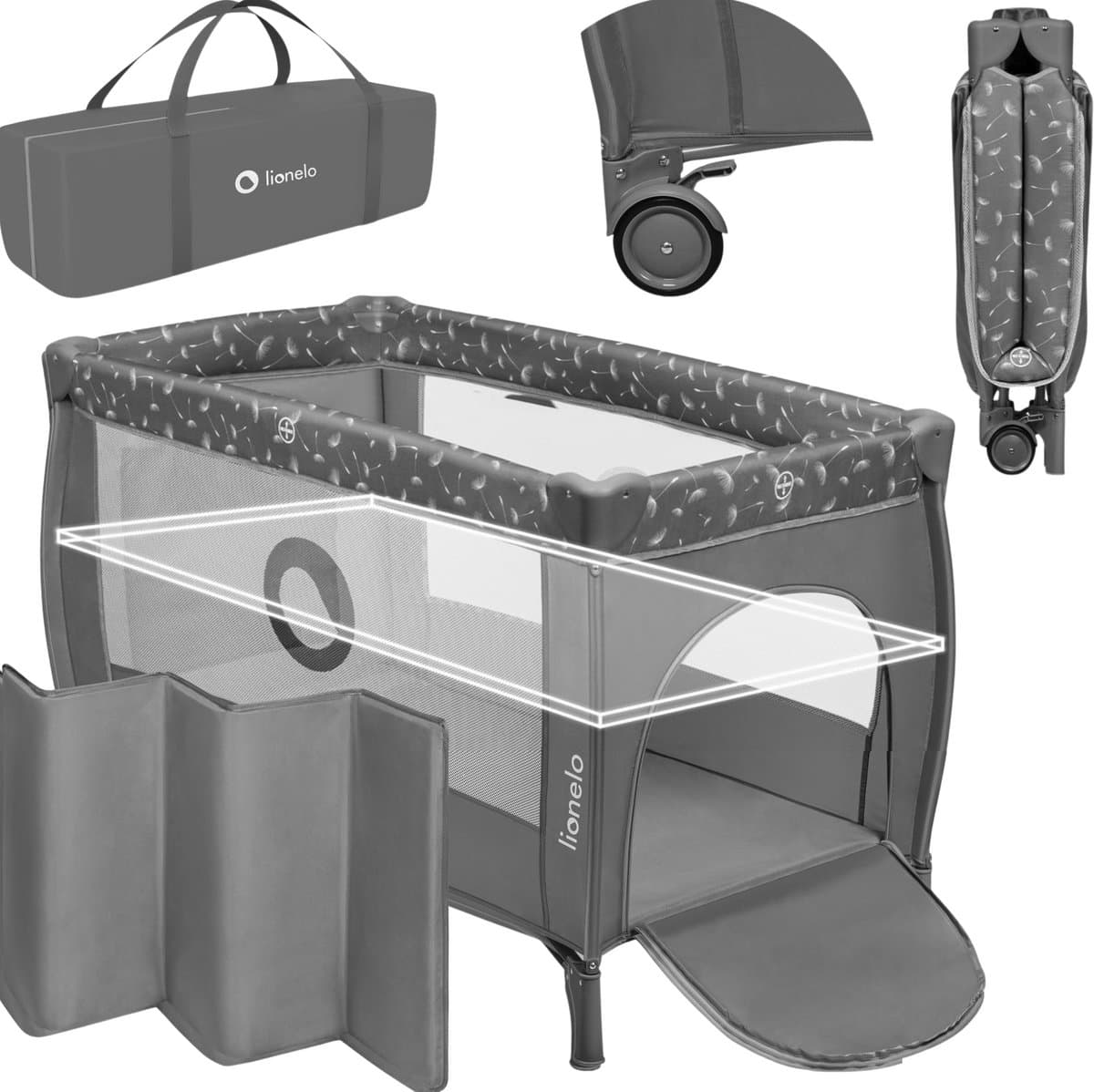 Campingbedje 4 in 1 – Baby Bed / Inklapbare Box / Reisbedje MET Bodemverhoger (Rugvriendelijk Ontwerp) – MET comfort MATRAS – 60x120 cm – 0-36 maanden / tot 15 kg – Zij-ingang – Wielen – Transporttas – Babybed Babybox Ledikant – LIONELO STEFI PLUS...