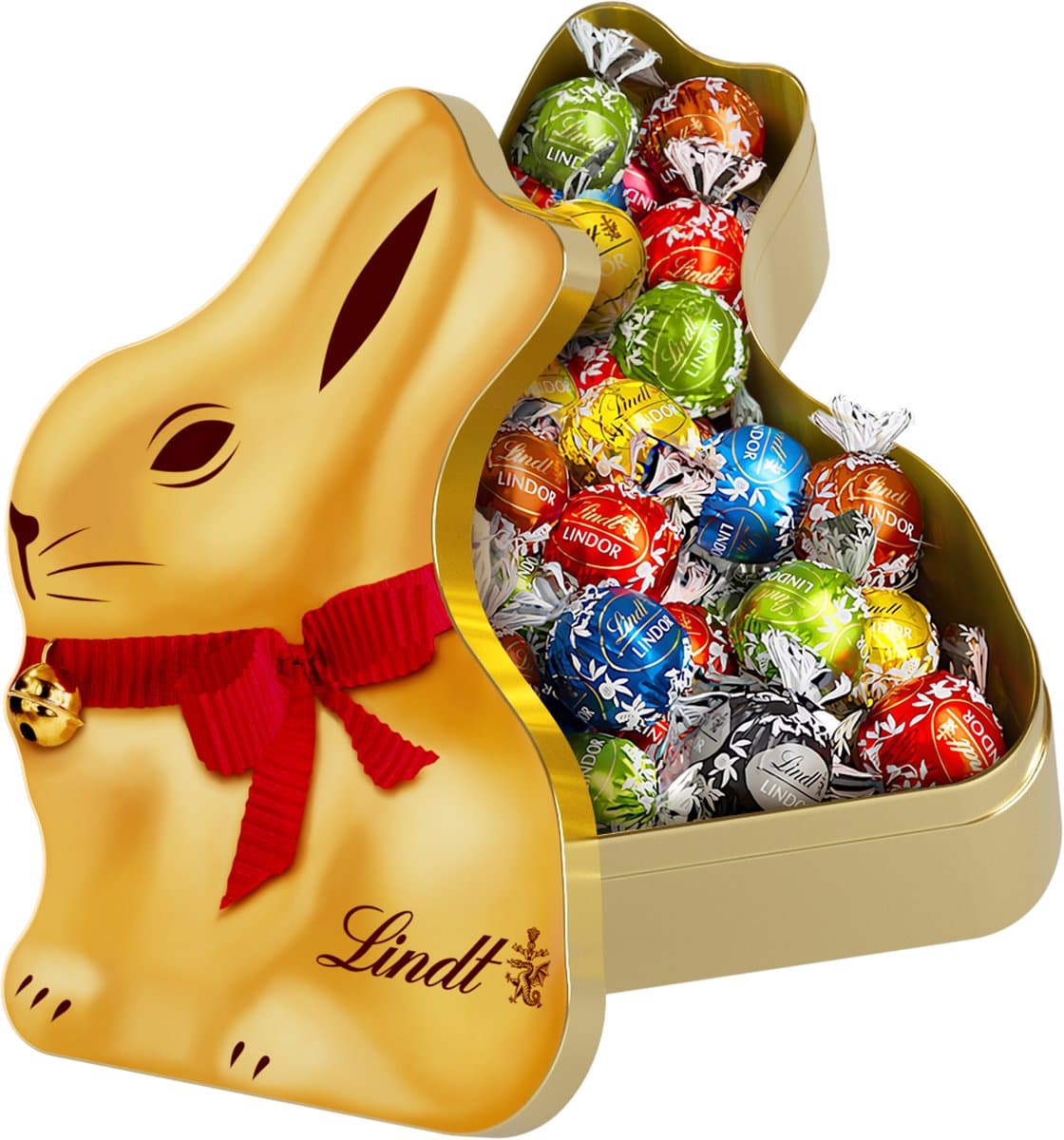 Lindt GOLD BUNNY blik met Bonbons - Pasen Chocolade - Gouden herbruikbaar blik - 350 gram LINDOR Bonbons - Chocolade Cadeau - Melkchocolade - Witte chocolade (EAN: 7610400092890): 📦 Wat zit er in de schatkamer