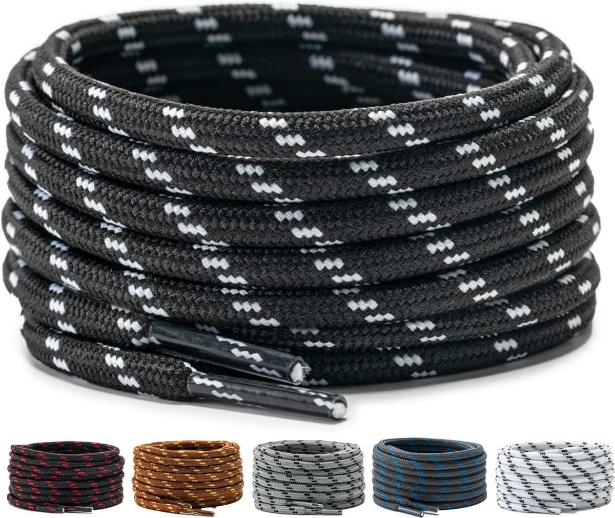 Ronde premium veters voor werk schoenen, wandel schoenen en trekkingschoenen - polyester - ø 4,5 mm - zeer scheurvast - kleur: zwart met wit - lengte: 120 cm (EAN: 4055658088425)