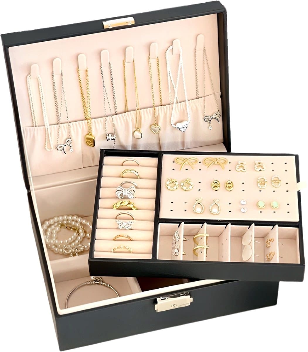 Sieradendoos met Slot – Zwart – Compacte Sieraden Organizer Dames – 2 Laags Juwelendoos voor Ringen, Oorbellen & Kettingen – Reis Sieradendoos – Galeara Design (EAN: 8721022422299)