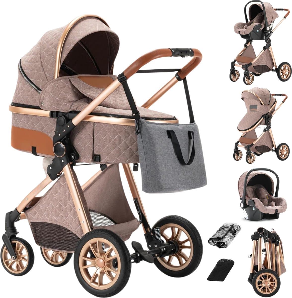 Luxe Multifunctionele 3-in-1 Combi Kinderwagen – Kwalitatieve Buggy – Opklapbare Wandelwagen – Khaki – Incl. Autostoel (EAN: 8715896017163)