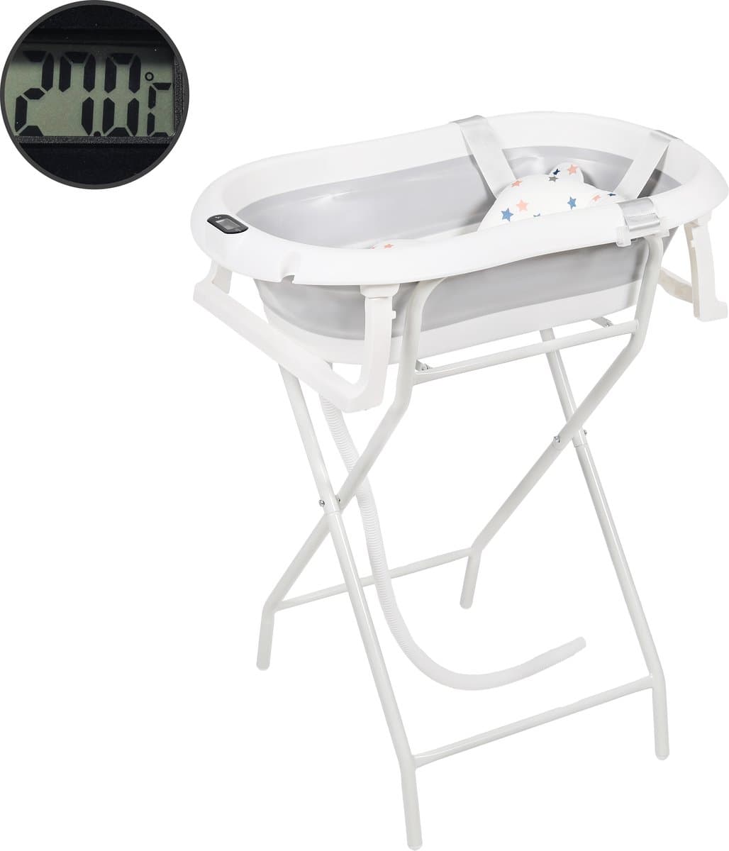 BimbelBoo® Baby Bad met Standaard - Ingebouwde thermometer - Tot 3 jaar - Opvouwbaar - Incl. Badzitje en Afvoerslang (EAN: 8721082553674)